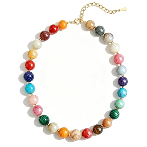Image of GINAZL Natural Stone Beaded Choker Necklace for Women, Chunky Multicolor Gemstone Handmade Necklace, Boho 12MM Bead Summer Beach Jewelry Gifts for Women