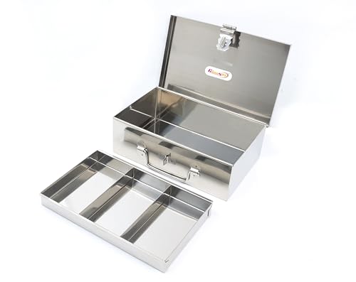 Image of Stainless Steel Storage Boxes - Multi-Purpose Safe Locker and Cash Box with Removable Tray (4 Compartments) for Shop Counter Drawer