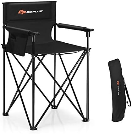 Goplus Folding Camping Chair, Outdoor Portable Beach Chair Heightened Design w/Detachable Armrests, Storage Pouches & Carrying Bag for Fishing, Picnic, Lawn (Black, 250LBS Weight Capacity)