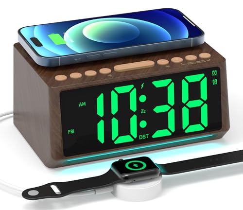 Retro Digital Alarm Clock for Bedrooms with Large Numbers, Desk Clock with Wireless Charging Station, 7 Mood Lights, Dimmer, Snooze, 12/24H, Loud Alarm Clock for