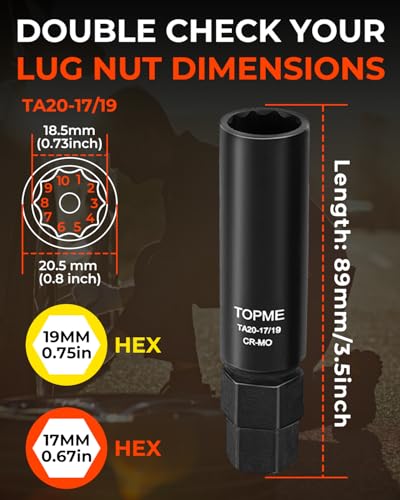 Image of 10 Spline Lug Nut Socket, Replacement for TA20-17 /19, Compatible with Bimecc 10 Spline Lug key, for Removing 10 Point Lug Nut Key for Truck Large SUV with 13 /16 and 7 /8 Hex Drive, CR-MO