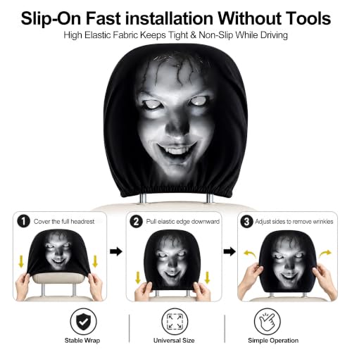 Image of 2Pcs Horror Ghost Face Car Headrest Covers, Universal Stretch Elastic Headrest Protector, Funny Prank Halloween Auto Interior Decor Accessories Fit Most Vehicles (B)