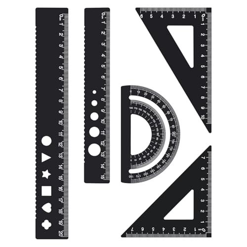 5 Stück Lineal-Set aus Metall Geometrie Lineal Set Aluminiumlegierung Architekten-Skala Lineal Set Winkelmesser-Zeichnungsset Winkelmesser-Messwerkzeug für SchüLer Schulzeichner (Schwarz)