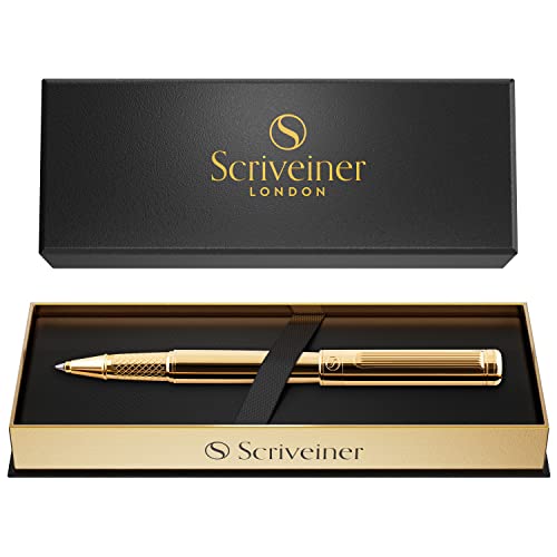 Scriveiner Gold Rollerball Pen - Stunning Luxury Pen With 24K Gold Finish, Schmidt Ink Refill, Best Roller Ball Pen Gift Set For Men & Women, Professional, Executive Office, Nice Pens #TOP1