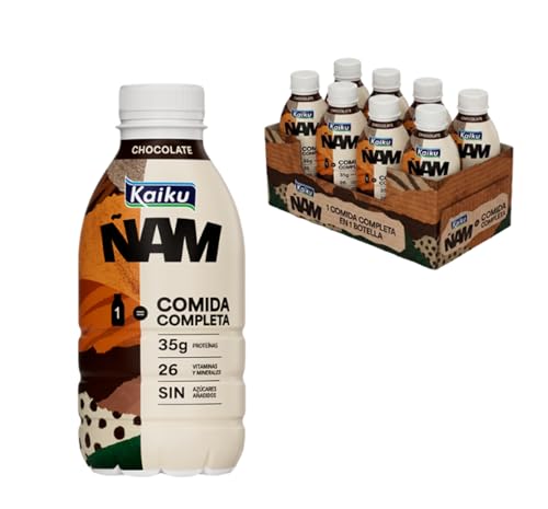 KAIKU ÑAM - Chocolate Pack 8 x 500 ml, Sabor Chocolate, Bebida Lista para Tomar, 35 g de Proteína, 26 Vitaminas y Minerales, sin Azúcares Añadidos, sin Gluten, Bajo en Grasas, Comida Completa