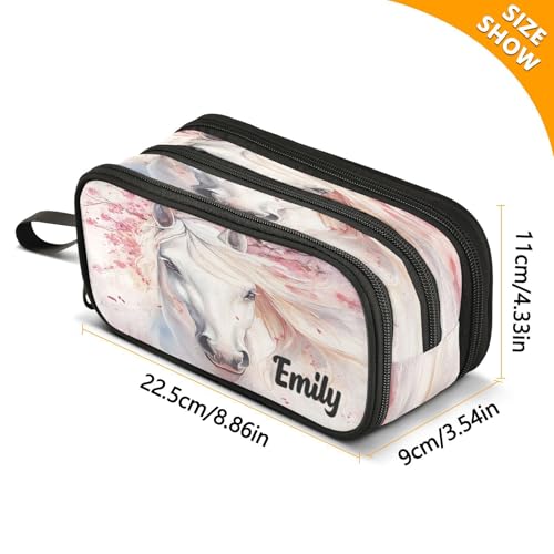 Image of ALAZA Custom Large Pencil Case with Name White Horse Cherry Blossom, Pen Pouch Pencil Bag with 3 Compartments Pen Holder Organizer Stationery Bag