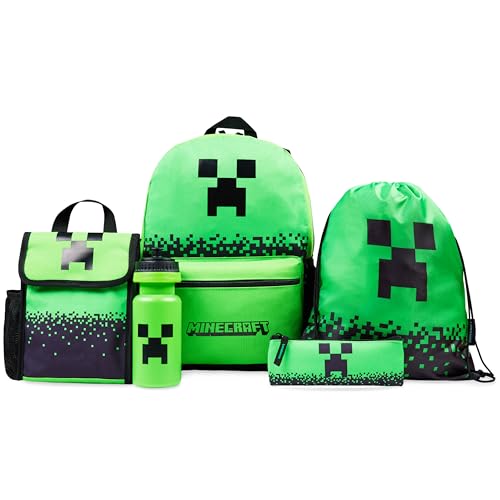 Minecraft Backpack Set 5pcs with Lunch Bag Water Bottle Pencil Case Drawstring Bag or Lanyard Keyring Supplies Gifts For Kids (Green)