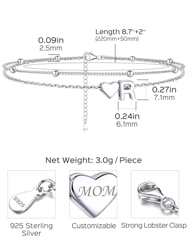 Image of ChicSilver Sterling Silver Anklets for Women Hypoallergenic Womens Ankle Bracelets for Women Layered Heart Anklet With Initials Womens Anklets Jewelry for Mom Wife