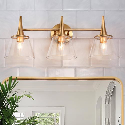 Image of KSANA Gold Bathroom Light Fixtures, 22.5'' Modern Plating Brass Vanity Lights with Seeded Glass Shade, 3-Light Copper Bathroom Lighting Over Mirror