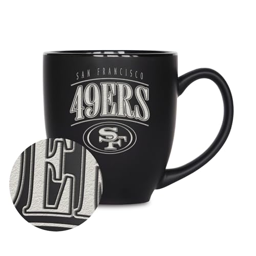 Rico Industries NFL Football San Francisco 49ers Tribute 15oz Laser Engraved Matte Black Ceramic Bistro Mug - For Hot or Cold Drinks
