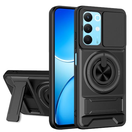 Image of AESTMO Realme 15X / C85 / Narzo 90X 5G Back Cover | Armor Camera Slider 360 Degree Rotating Finger Ring Holder Case with Bracket Stand Back Case Cover (Compatible with MagSafe Accessories) (Black)