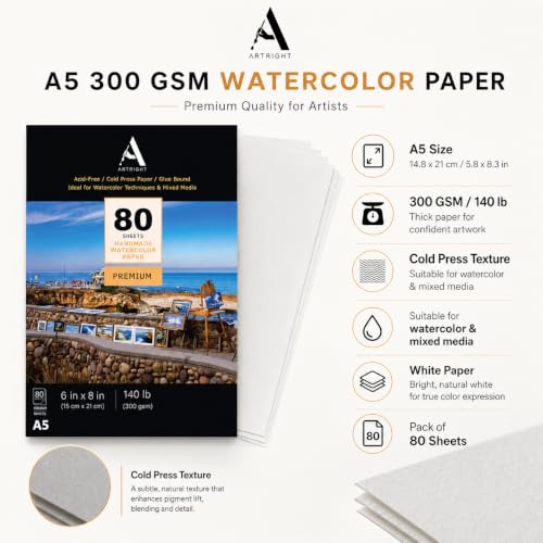 Image of ArtRight Artists Watercolor Paper (A5 Pack of 80 Sheets, 300 GSM); Handmade Watercolour Paper for Artists