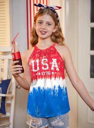Image of BesserBay Girls Summer Back Button Halter Neck Tank Top Cold Shoulder Casual Blouse Pleated Sleeveless Shirts 5-14 Years
