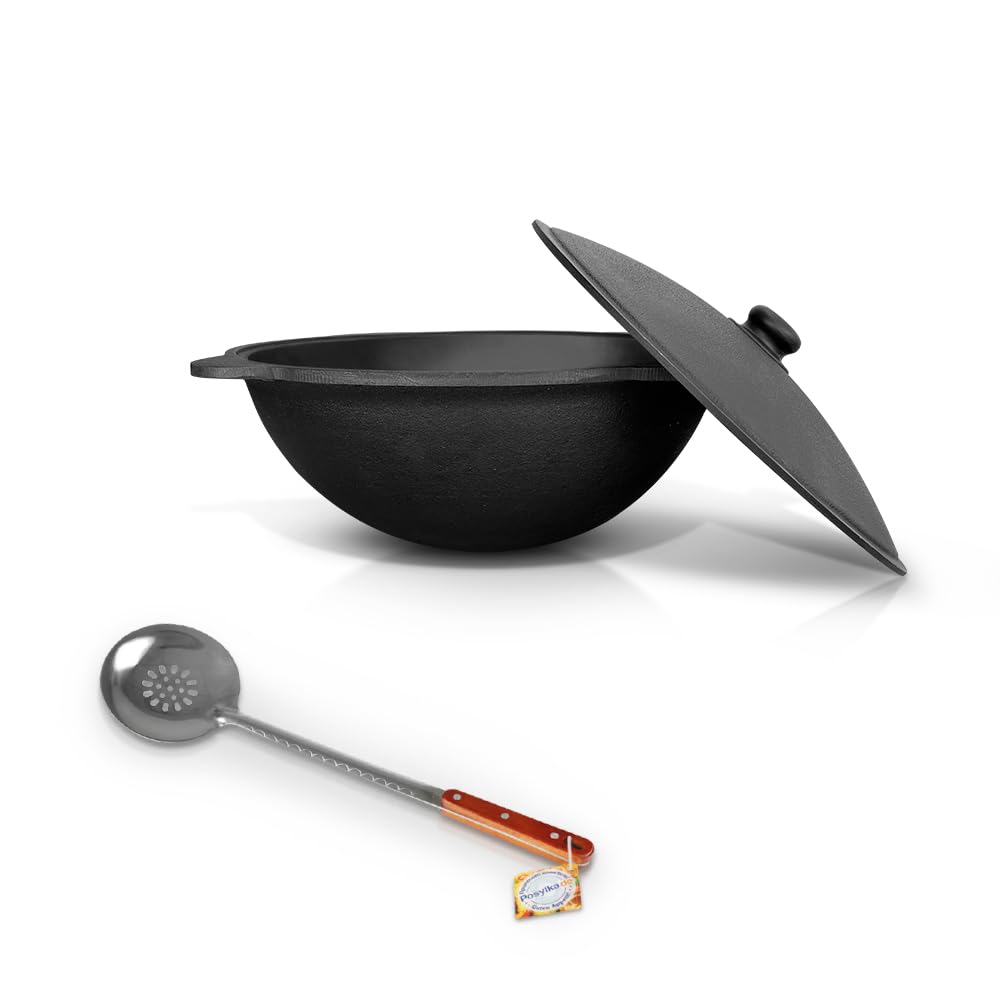 Kazan Gusseisen 16 L Uzbekisch mit Aluminiumdeckel Schaumlöffel für Plov, 48 cm Uzbekistan Kochtopf Holzlöffel WOK Plov плов казан Kasan Feuerofen Plov Schöpfkelle Учак