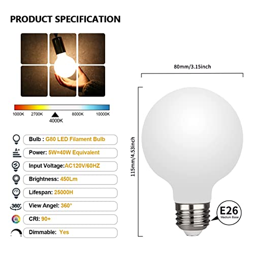 Yimiemit G25(G80) 5W Globe Led Edison Light Bulbs,Nautral White 4000K, Cri90 Dimmable 450Lm, E26 M, Droplight, Floor Lamp-6Packedium Base, Milky Glass Finishing, Perfect For Vanity Makeup Mirror #TOP1