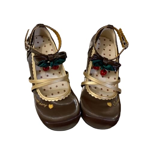 Women's Kawaii Detachable Cherry Bowknot Mary Jane Heels Sweet Lolita Round Toe Cross Strap Pumps Cute Ankle Strap Shoes
