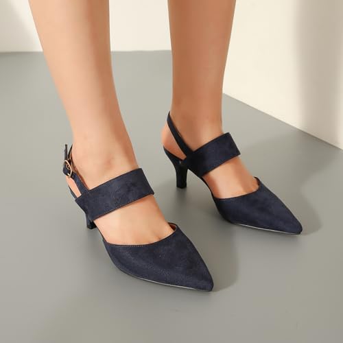 Women's Slingback Kitten Heel Pointed Toe Dress Pumps Ankle Strap Comfortable Elegant Dress Wedding Party Shoes Navy Blue 42-9.5US4