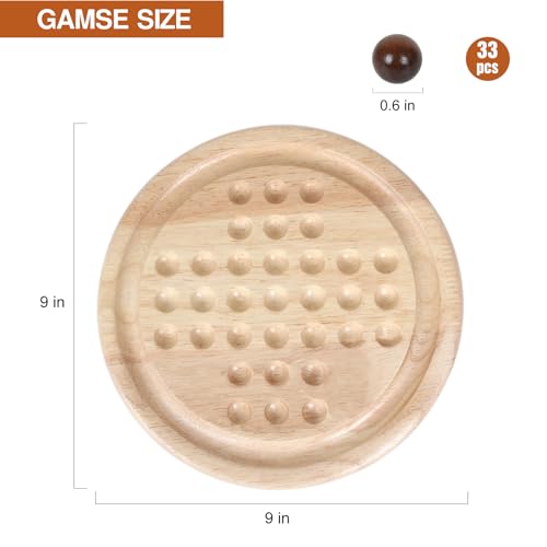 Image of Gothink Solid Wood Solitaire Game, Classic Handcrafted 9'' Wooden Solitaire Board, 33 Smooth Wooden Balls, Single Strategic Mind Game for Kids and Adults