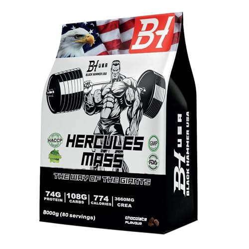 HERCULES Mass Gainer – hochkalorischer Weight Gainer für Muskel- & Masseaufbau | Protein-Kohlenhydrat-Shake | Post-Workout Recovery – Black Hammer USA (8000G, Schokolade)