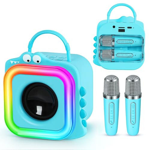 Mini machine de karaoké pour enfants avec 2 microphones sans fil – Jouet cadeau pour garçons et filles âgés de 4, 5, 6, 7, 8, 9, 10, 11, 12 ans et plus – Cadeau de Noël, d'anniversaire, de fête (bleu)