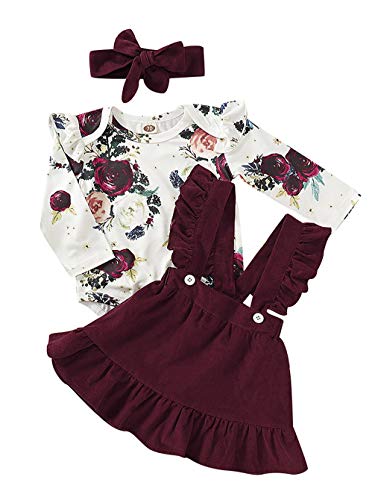 Infant Baby Girl Floral Romper+Velvet Ruffle Suspender Skirt+Headband Outfit Set (Wine Red, 18M)