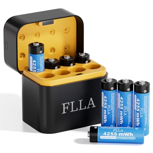 Flla 8 Slot Rechargeable AA Lithium Batteries 4255mWh 1.5V with USB-C Fast Charger & Storage Box, Constant Output, 2000+ Cycle for Doorbell Cameras, Game Controllers (8 Slot AA)