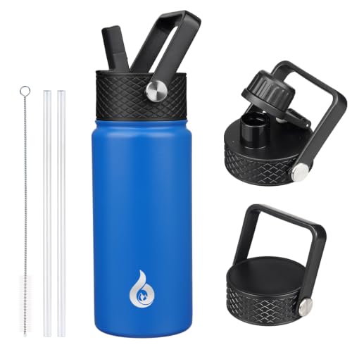 Image of BJPKPK Insulated Water Bottles with Straw Lid, 18oz Stainless Steel Metal Water Bottle, Cold Hot Thermo with 3 Lids, Leak Proof BPA Free Travel Cup, Wide Mouth Flasks, Thermo -Sapphire