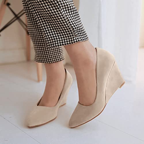 Women's Pointed Toe Wedge High Heel Pumps Suede Casual Slip-On Comfort Chunky Dress Walking Shoes3
