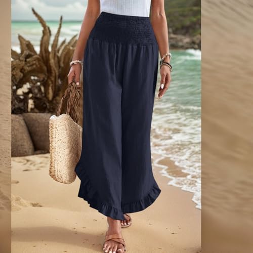 Boho Pants for Women Wide Leg Cotton Linen Flowy Beach Pants Palazzo High Waisted Ruffle Hem Summer Travel Pants2