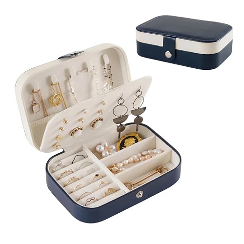 Image of Lazer Accessories Jewellery Organiser PU Leather Zipper Portable Storage Box Case with Dividers Container for Rings, Earrings, Necklace Home Organizer | Navy Blue