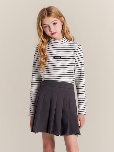Girls Black & White Striped Long Sleeve Shirt - Mid-Crew Neck Cotton Top for Girls, Classic Breathable Shirt 6-16Y3