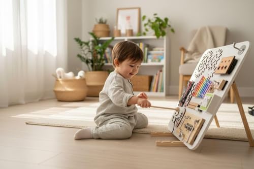 Image of Large Montessori Busy Board for Children Ages 1 to 5 Old, Wooden Sensory Toys a Fidget Activity Board for Boys and Girls in toddlerhood, with 20 Activities Size 24 x 24 inch