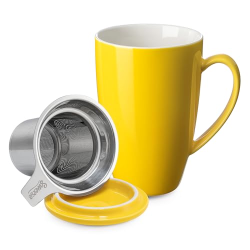 Sweese 15 OZ Porcelain Tea Mug with Infuser and Lid, Loose Leaf Tea Cup, Gifts for Tea Lover, Yellow - 201.105