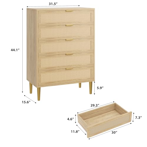 GarveeHome Rattan 5 Drawer Dresser, 44'' Tall Narrow Chest of Drawer, Farmhouse Wooden Vertical Dresser with Metal Legs and Handles, Modern Cabinet for Bedroom, Living Room, Oak