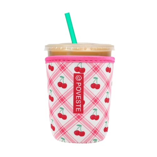 Image of Reusable Neoprene Insulator Sleeve for Iced Coffee & Cold Soda, Coffee Sleeves for Iced & Hot Drinks, Cold Beverage Cooler Compatible with Starbucks, Dunkin (Cherry World, Small: 16-18oz)
