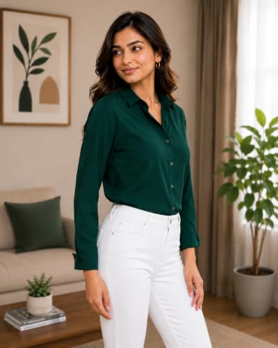 Image of FUNDAY FASHION Women Solid Regular Fit V Collered Casual Shirt