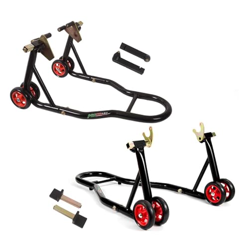 MOTO4U Motorcycle Front & Rear Stand Front Rear Combo Stand Universal Wheel Lift Stand Swingarm Spool Lift Stand Paddock Stand (Red Wheel)
