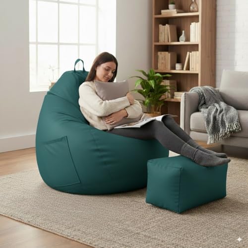 Image of 5XL Premium Leatherette Bean Bag with Rectangular Footrest & Cushion | High Density EPS Beans Filled | Teardrop Shape with Handle | 6 Months Warranty (Teal Blue, 5XL Combo Pack, Solid)