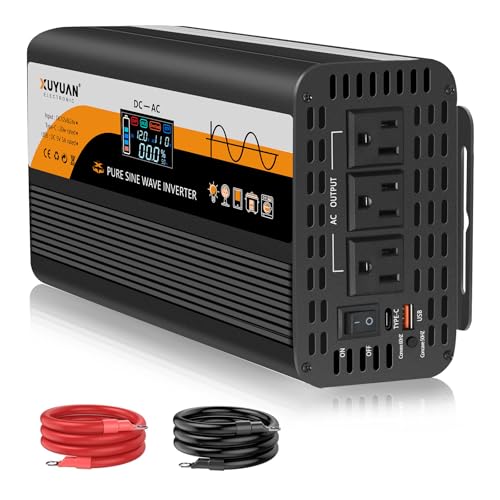 Image of 1000W Pure Sine Wave Inverter (2000W Peak), 12V/24V Auto-Detect, 50Hz/60Hz Switchable, LCD Display, Type-C Fast Charging, Silent Design, Overload & Overheat Protection for RV, Home