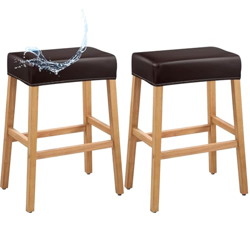 Image of PU Leather Bar Stool Covers Rectangular, 100% Waterproof Stool Covers Rectangle Super Stretch 20% Thicker Leather Saddle Stools Cover Rectangular Counter Bar Stools with Elastic Band (2 PCS, Brown)