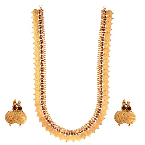 Image of ZENEME Jewellery Set Gold Plated Long Traditional Maharani Beads Studded Temple Coin Necklace Set with Earrings Jewellery For Women & Girls