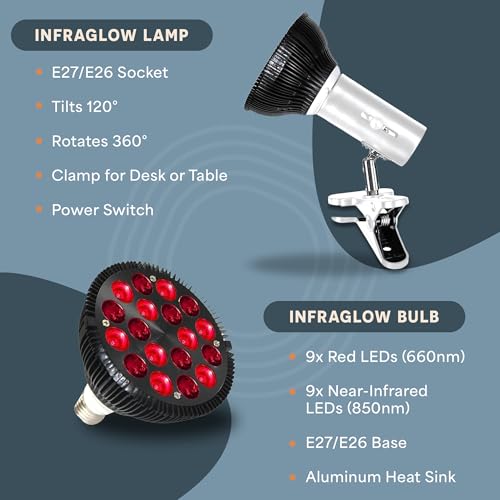Image of LifePro Red Light Therapy Lamp - Infraglow Infrared Red Light Therapy Bulb with 660nm and 850 nm Wavelength -18 LEDs & Clip-On Lamp - at Home Infrared Bulb for Daily Wellness and Relaxation