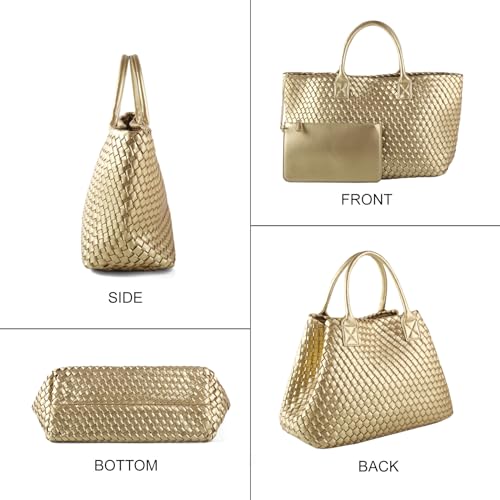 Image of Woven Vegan Leather Tote Bag for Women Retro Handwoven Shoulder Travel Handbag Large Capacity Hobo Bags with Purse (Gold)