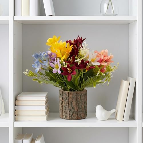 Image of Dekorly Premium Artificial Multicolor Lily Flower with Real Wooden Planter Vase (22CM) | Lifelike Faux Floral Arrangement for Home, Office & Table Decor (Multi Colour Lily Flower)