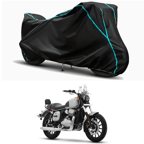 Image of Waterproof Bike Body Cover Compatible for | Yezdi Roadster Glacial | Taffeta Fabric, Sky Piping Design, Bottom Elastic Fit | Dustproof, Sun UV & Rain Protection for All Weather.