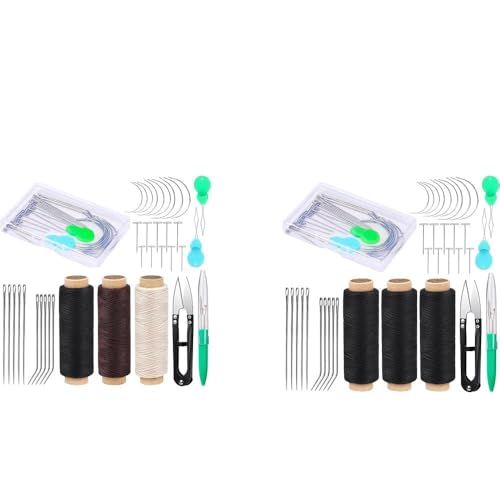 Ftyiwu Hilos de Costura, Hilo para Extensiones de Cabello 110 Yardas, Aguja y Hilo para Cabello con 29 Agujas en Formas I/J/T/C