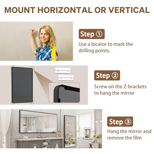 New Upgrade Bathroom Mirror, 77X36 Inch Black Metal Frame Wall Mounted Rounded Rectangle Bathroom Vanity Mirror with Tempered Glass for Washroom Bedroom Living Room