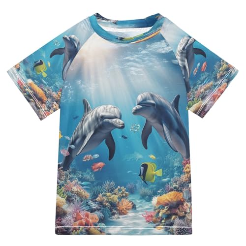 Toddler Boy Rash Guard Short Sleeve Swim Shirt Dolphin Print Rashguard 9-10T Beach Shirts Quick Dry,082