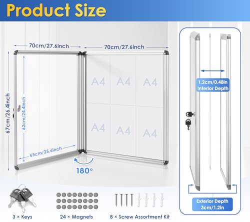 Image of Swansea Lockable Noticeboard White Bulletin Boards Magnetic Wall Mount Message Board with Glass Door and Keys 28x26inch(6xA4)