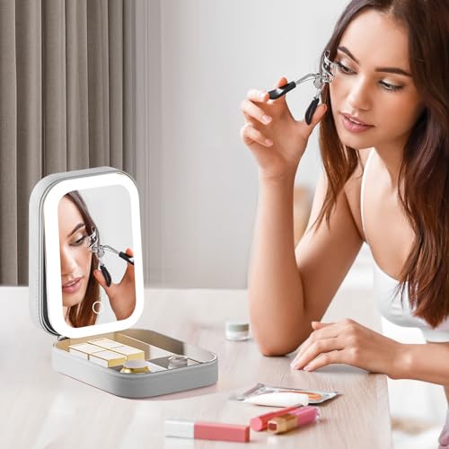 Image of LiveGo 3-Color LED Travel Jewelry Case and Makeup Bag with Mirror, Dust-Proof Jewelry Box, 10 Sealed Jewelry Bags - Compact Cosmetic Mirror Case for Women Girls Travel Essentials (White)